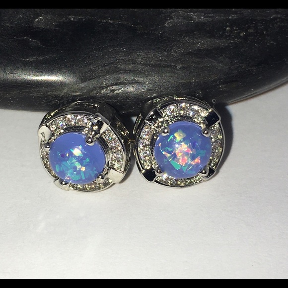 Elegant Fire Opal Micro Paved Halo Stud Earrings - Picture 3 of 11
